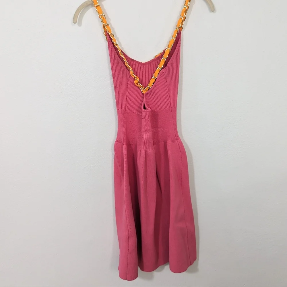 Zara Ribbed Knit Skater Dress Contrast Gold Chain Cross Back Mini Pink Medium M